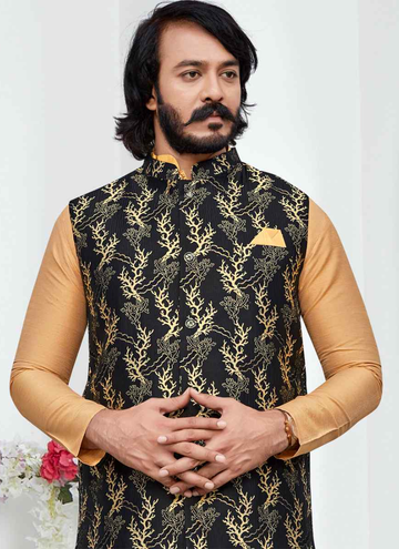 Amazing Art Silk Cream Kurta With Black Koti For Party